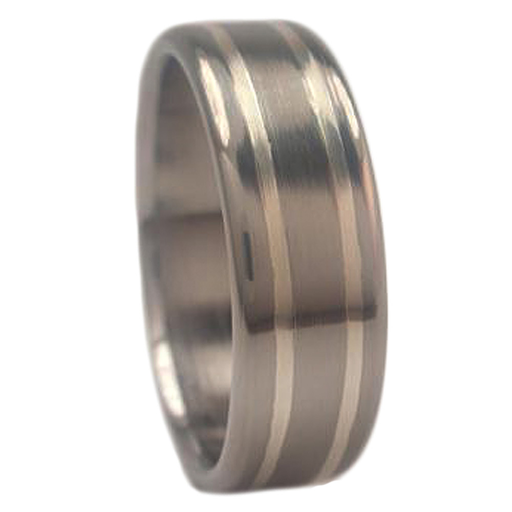 Sterling Silver Inlay 9mm Comfort Fit Brushed Titanium Band. 