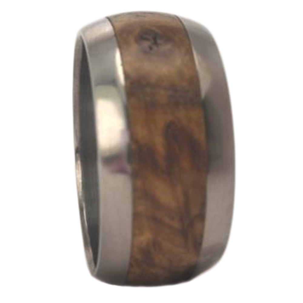 Black Ash Burl Inlay 10mm Comfort Fit Matte Titanium Band. 