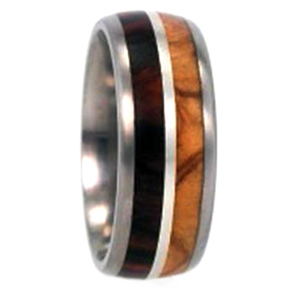 Ironwood,Sterling Silver,Olive Wood Pinstripe 8mm Comfort Fit Polished Titanium Wedding Band. 