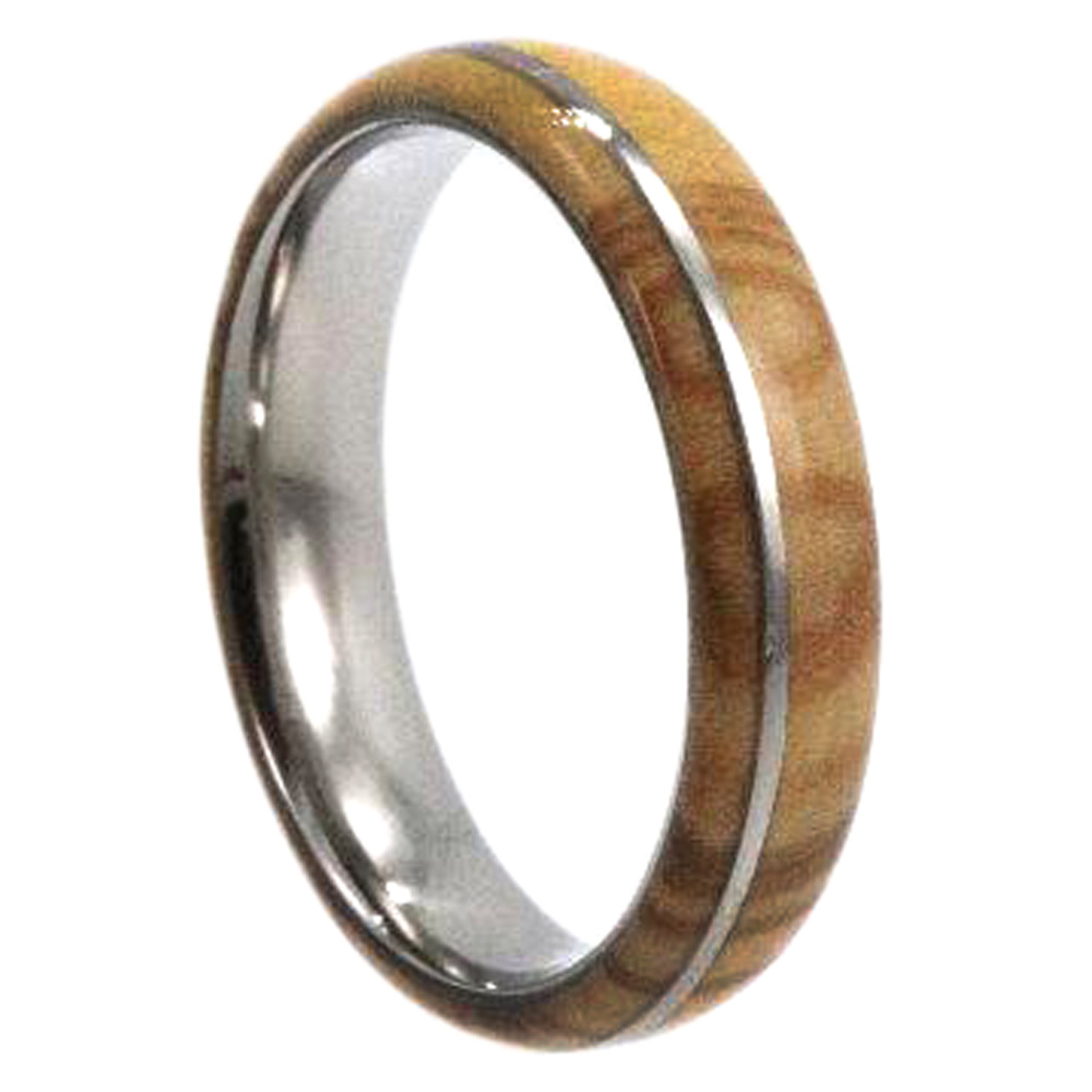 Olive Wood Inlay 6mm Comfort Fit Polished Titanium Band. 