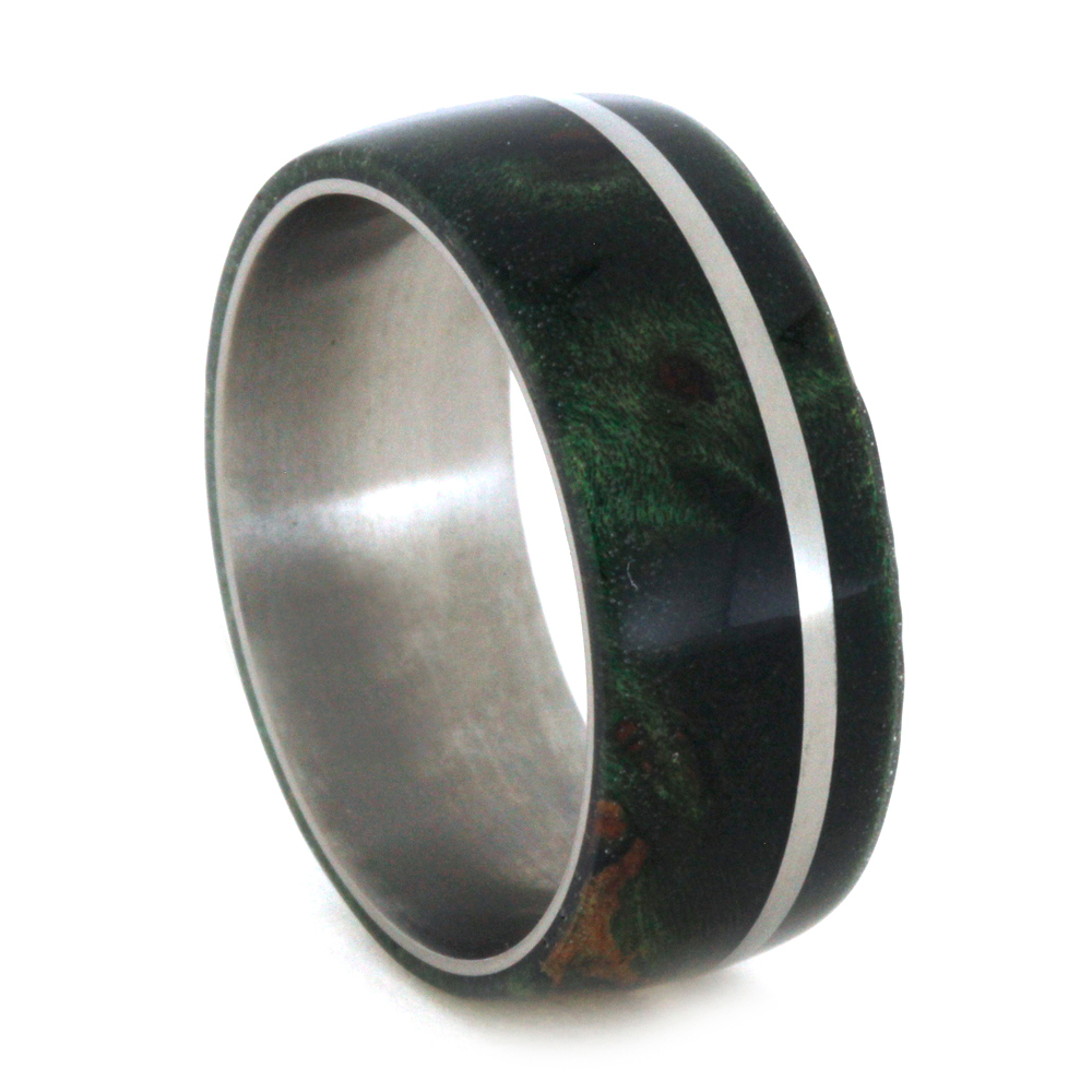 Green Box Elder Burl, Titanium Pinstripe 8mm Comfort Fit Polished Titanium Band. 