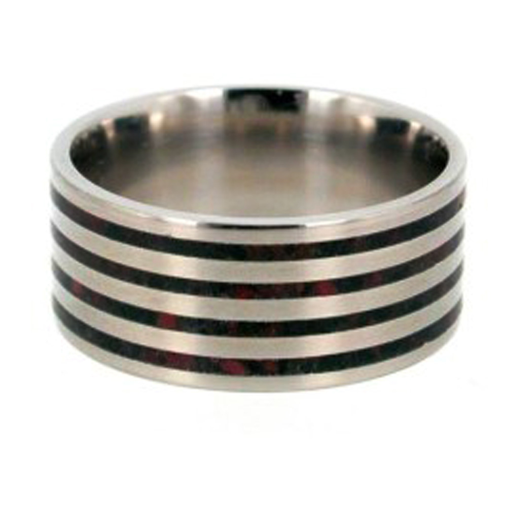 Black and Red Mokume, Titanium Pinstripe 9mm Comfort Fit Titanium Wedding Band. 