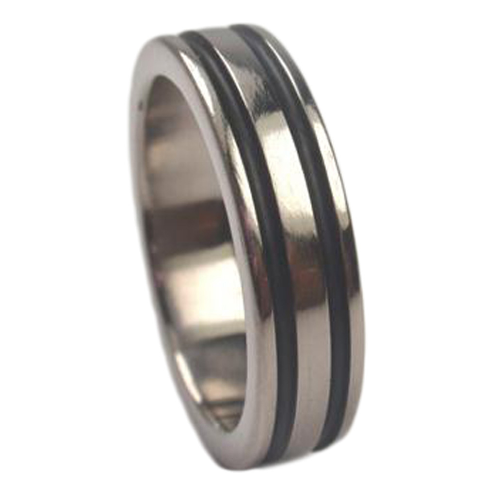 Black Enamel Inlay 6mm Comfort Fit Polished Titanium Band. 