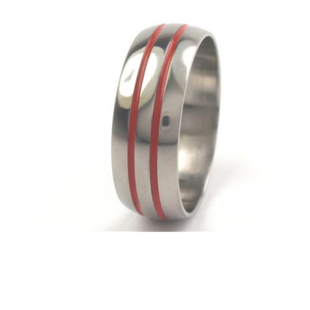 Red Enamel Pinstripe 8mm Comfort Fit Polished Titanium Band. 