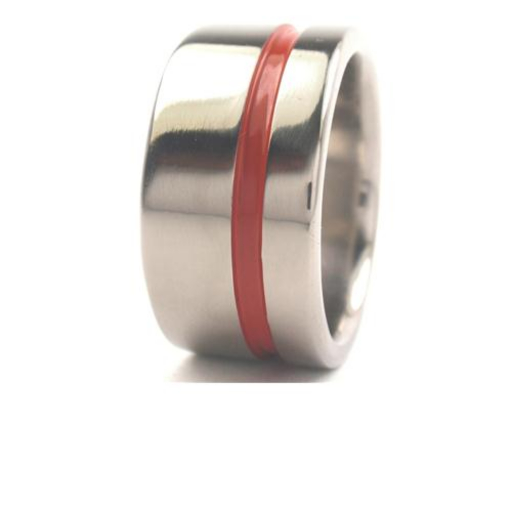 Red Enamel Inner Pinstripe 10mm Comfort Fit Polished Titanium Band. 