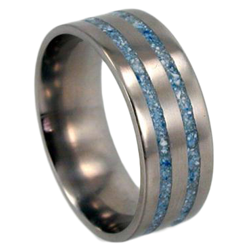 Crushed Turquoise Spectacular Blue Stone 10mm Comfort Fit Brushed Titanium Band 