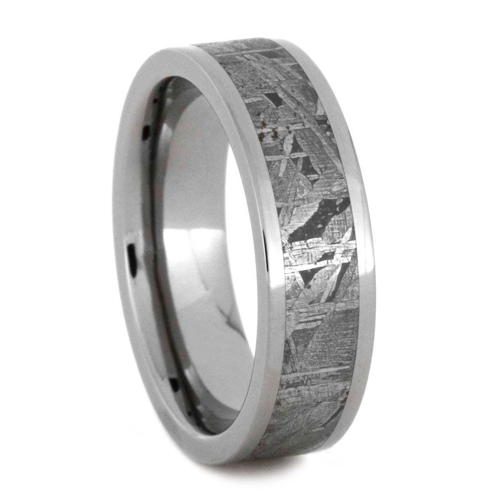 Gibeon Meteorite Inlay, Flat Profile and His and Hers Titanium wedding Band Set. 