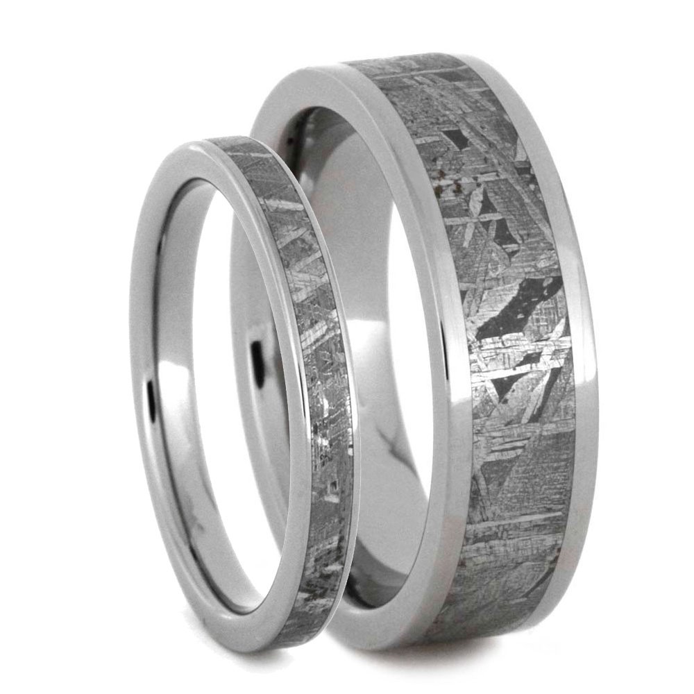 Gibeon Meteorite Inlay, Flat Profile and His and Hers Titanium wedding Band Set.