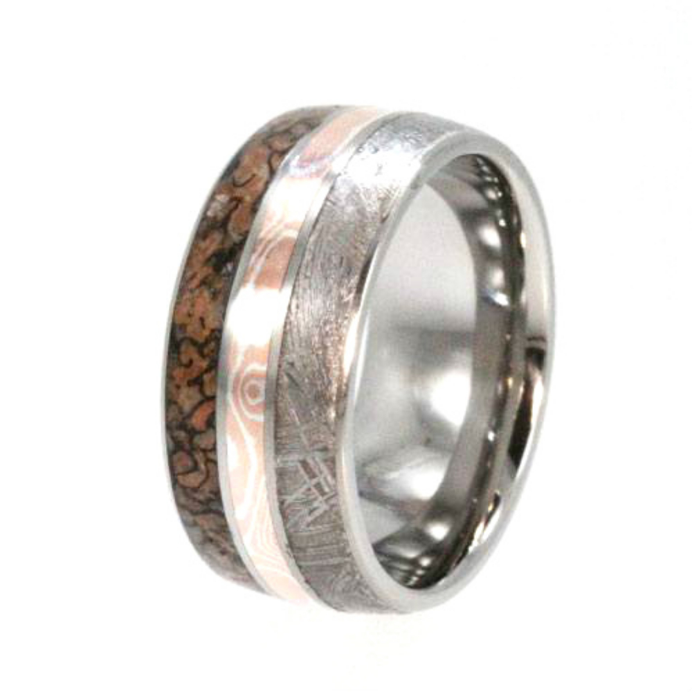 Dinosaur Bone, Meteorite, Mokume Gane Pinstripe 10mm Comfort Fit Titanium Band. 