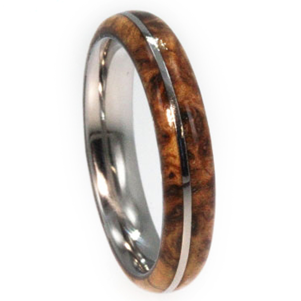 Black Ash Burl, Titanium Pinstripe 6mm Comfort Fit Polished Titanium Band. 