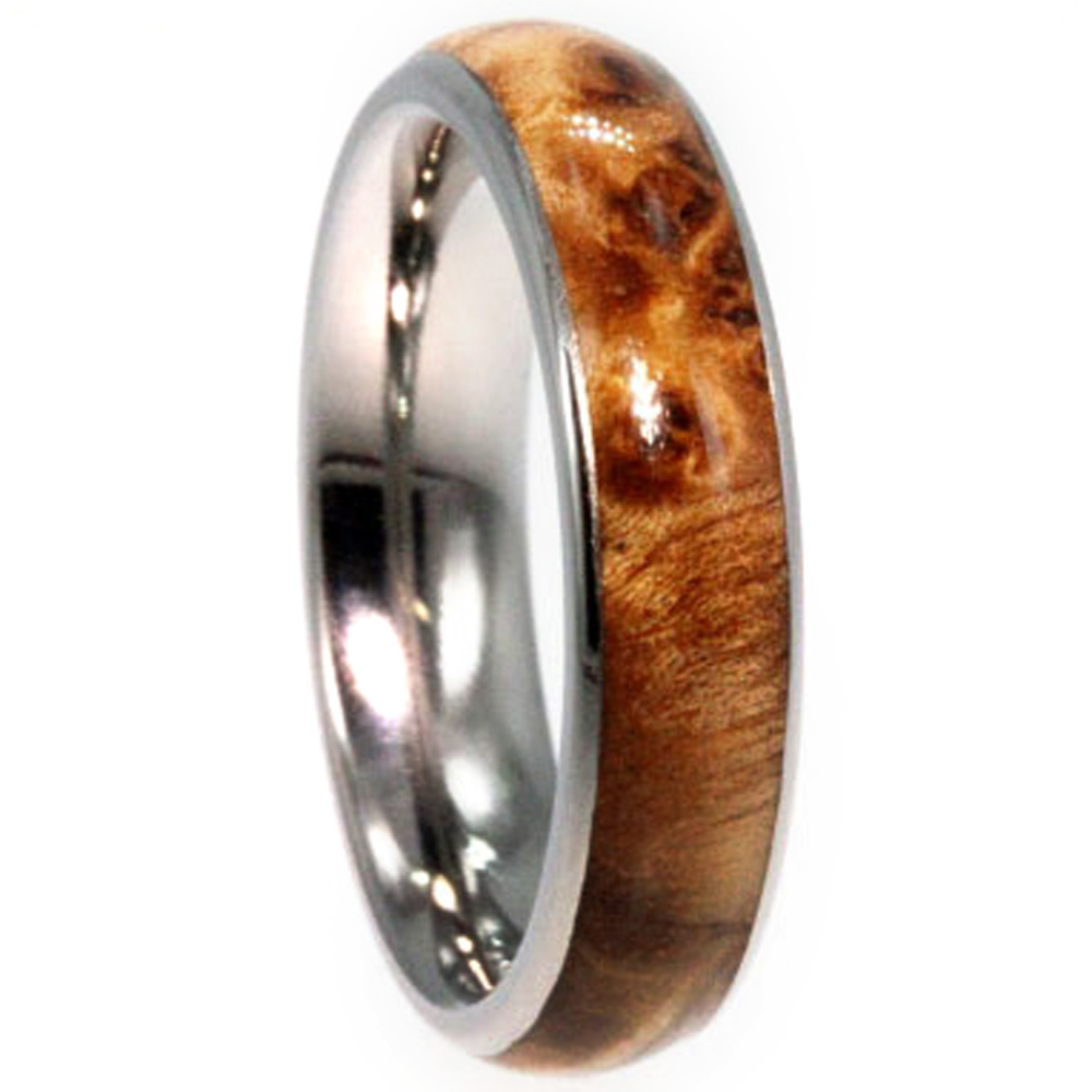 Black Ash Burl Wood Inlay 5mm Comfort Fit Polished Titanium Band. 