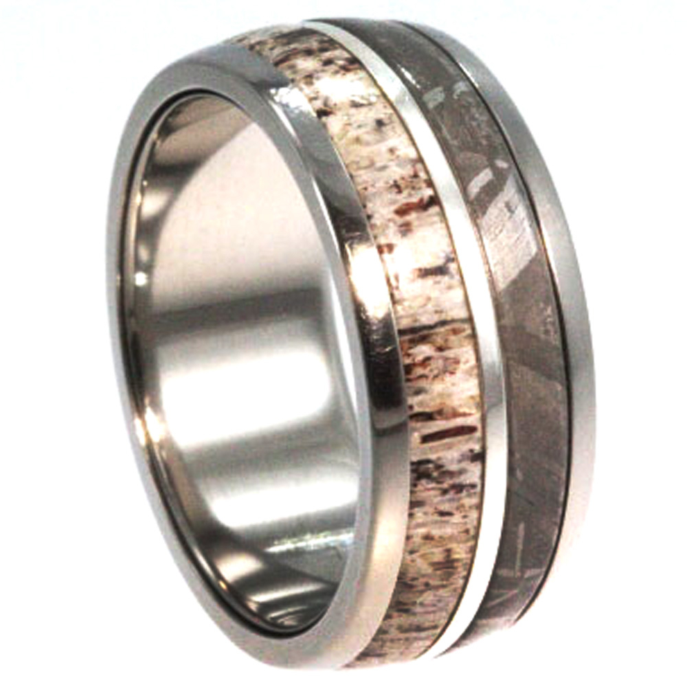 Deer Antler, Gibeon Meteorite, 14K White Gold Inner Pinstripe 10mm Comfort Fit Titanium Band. 