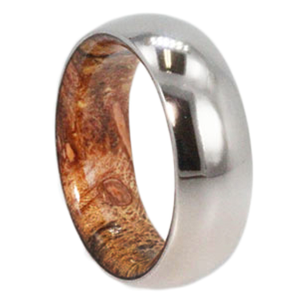 Sindora Wood Inlay 6mm Comfort Fit Polished Titanium Band. 