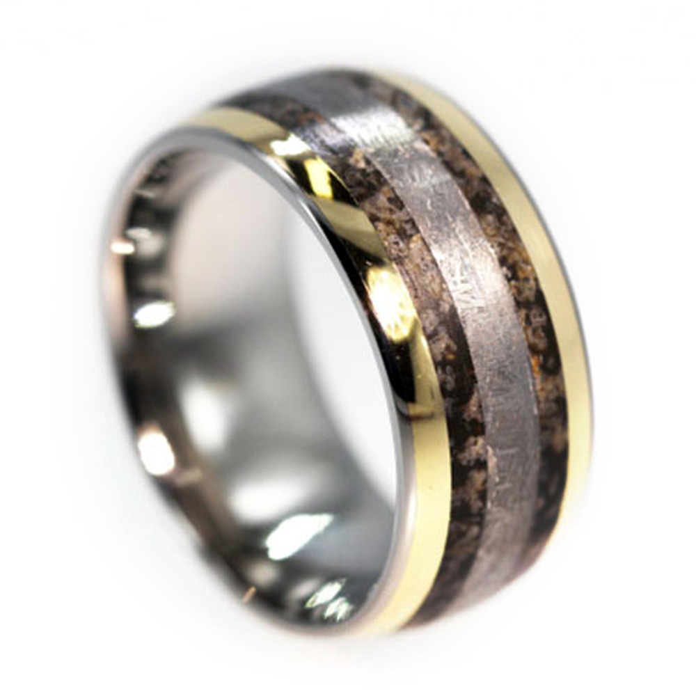 Dinosaur Bone,14k Yellow Gold Inlay 11mm Comfort Fit Polished Titanium Band. 