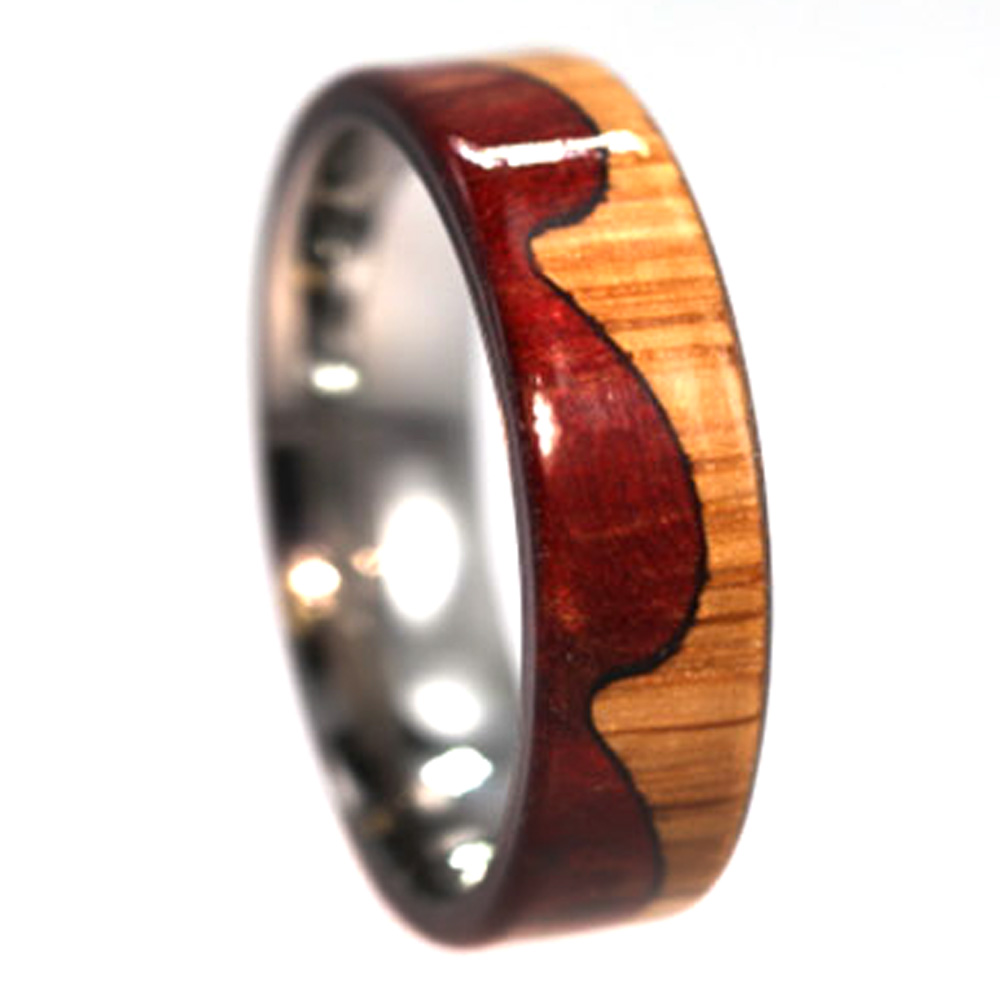 Oak, Redwood Overlay Two Tone Design 7.5mm Comfort Fit Flat Titanium Band. 