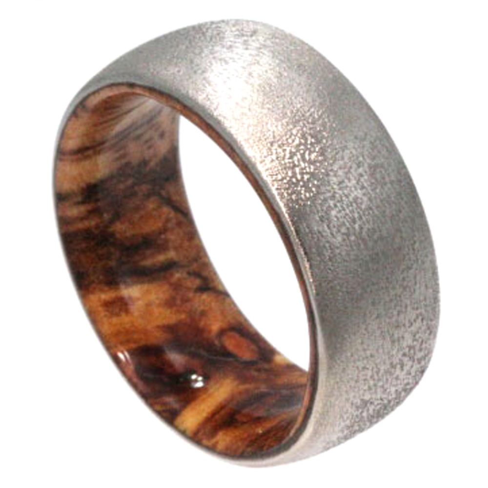 Sindora Wood Inner Sleeve 6mm Comfort Fit Deep Frosted Titanium band. 