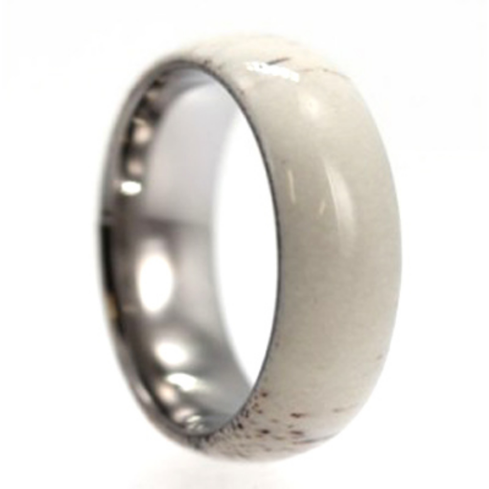 Deer Antler Overlay 8 mm Comfort Fit Polished Titanium Band. 