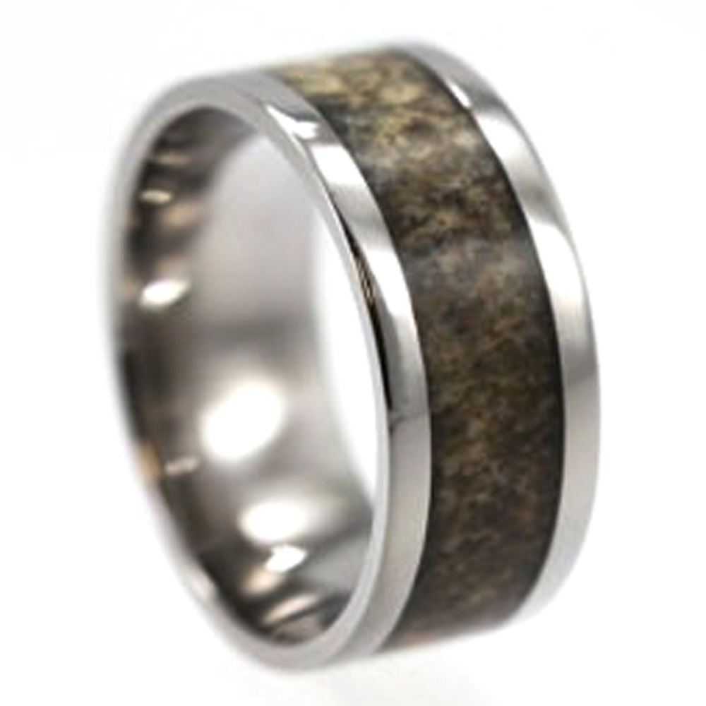 Deer Antler Overlay 8mm Comfort Fit Polished Titanium Wedding Band. 