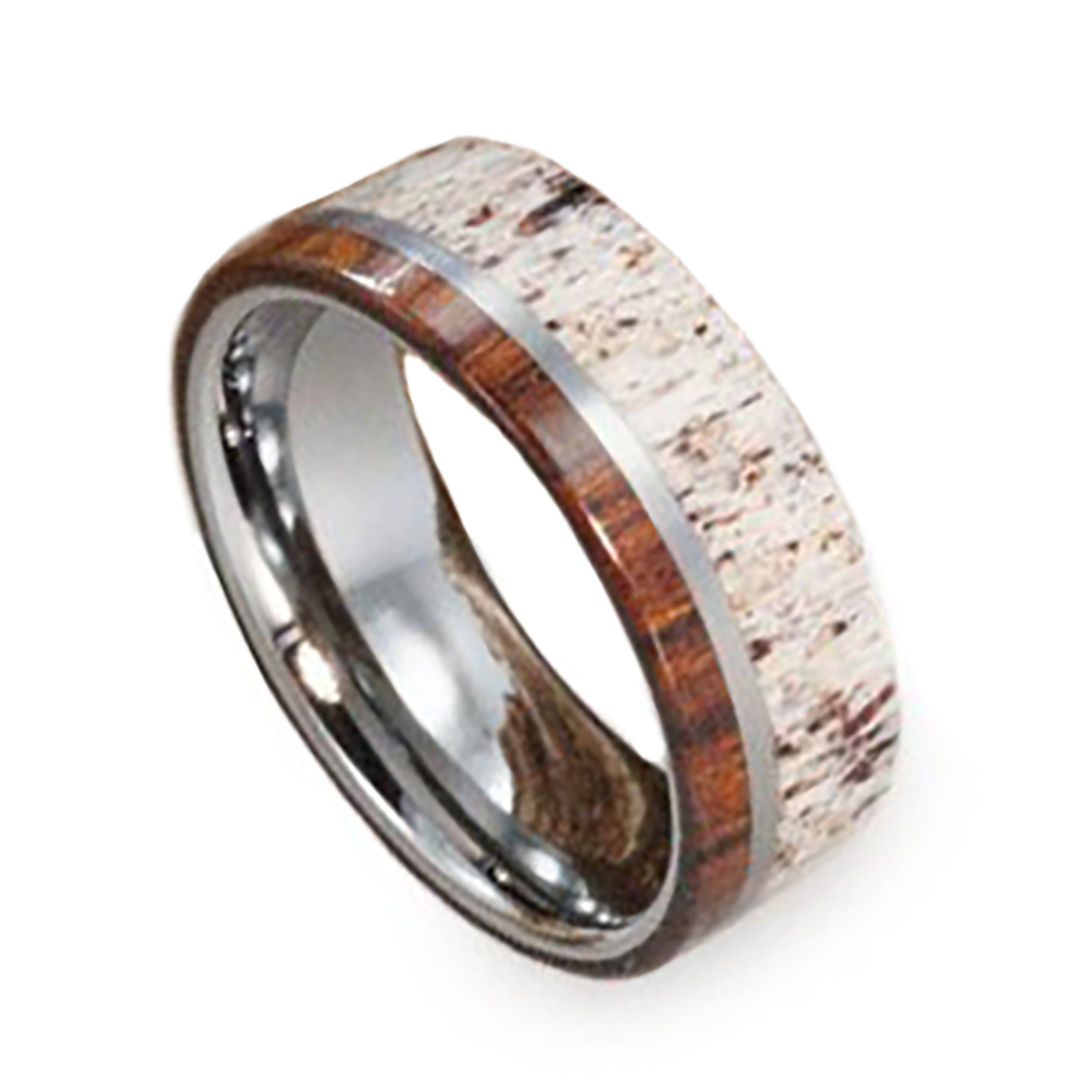 Deer Antler, Ironwood, Titanium Inlay 8mm Comfort Fit Titanium Band. 