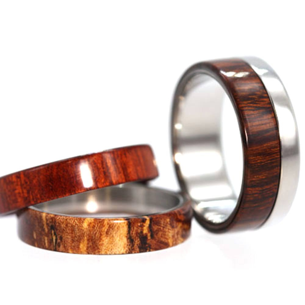 Interchangeable Three Wood Overlay 6mm Comfort-Fit Polished Titanium Band. 