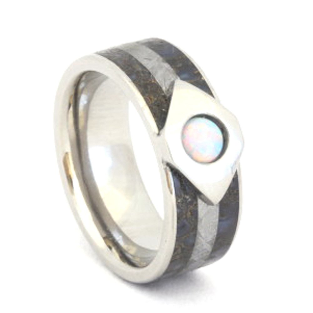 Dinosaur Bone, Meteorite, White Opal Inlay 7mm Comfort Fit Titanium Band. 