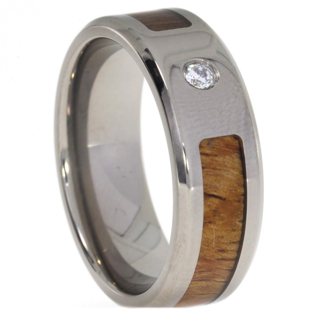 Cubic Zirconia, Hawaiian Koa Wood 8mm Comfort Fit Titanium Band. 