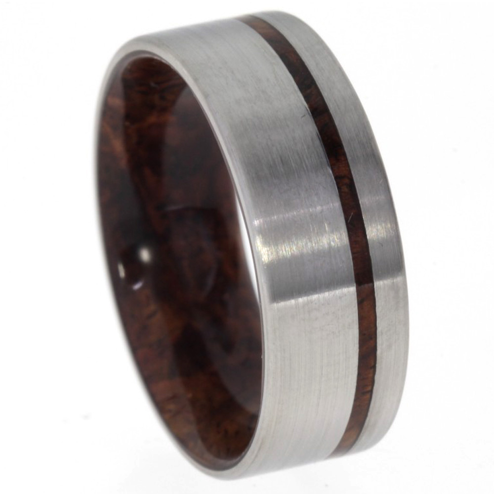 Honduran Rosewood, Burl Wood Inlay 8mm Comfort Fit Titanium Flat Band. 