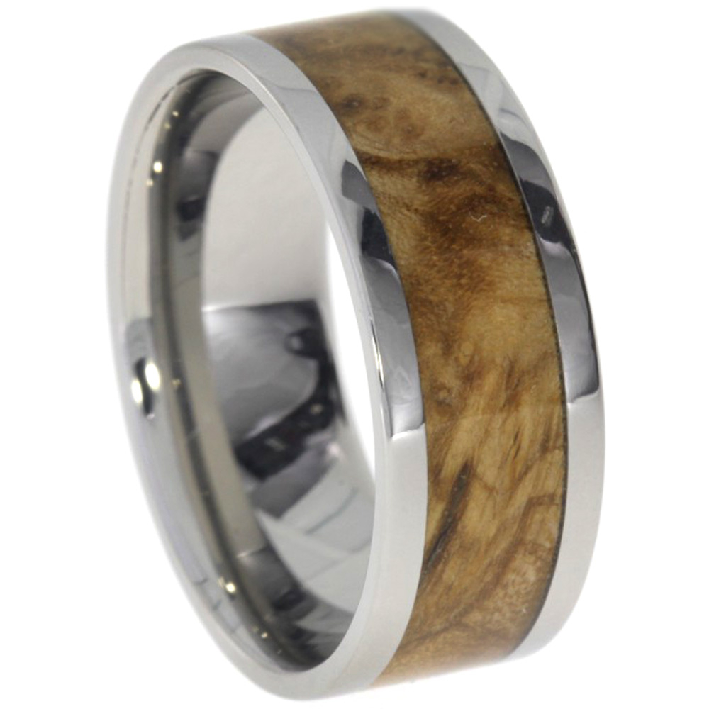 Black Ash Burl Wood Inlay 8mm Comfort Fit Polished Titanium Band. 