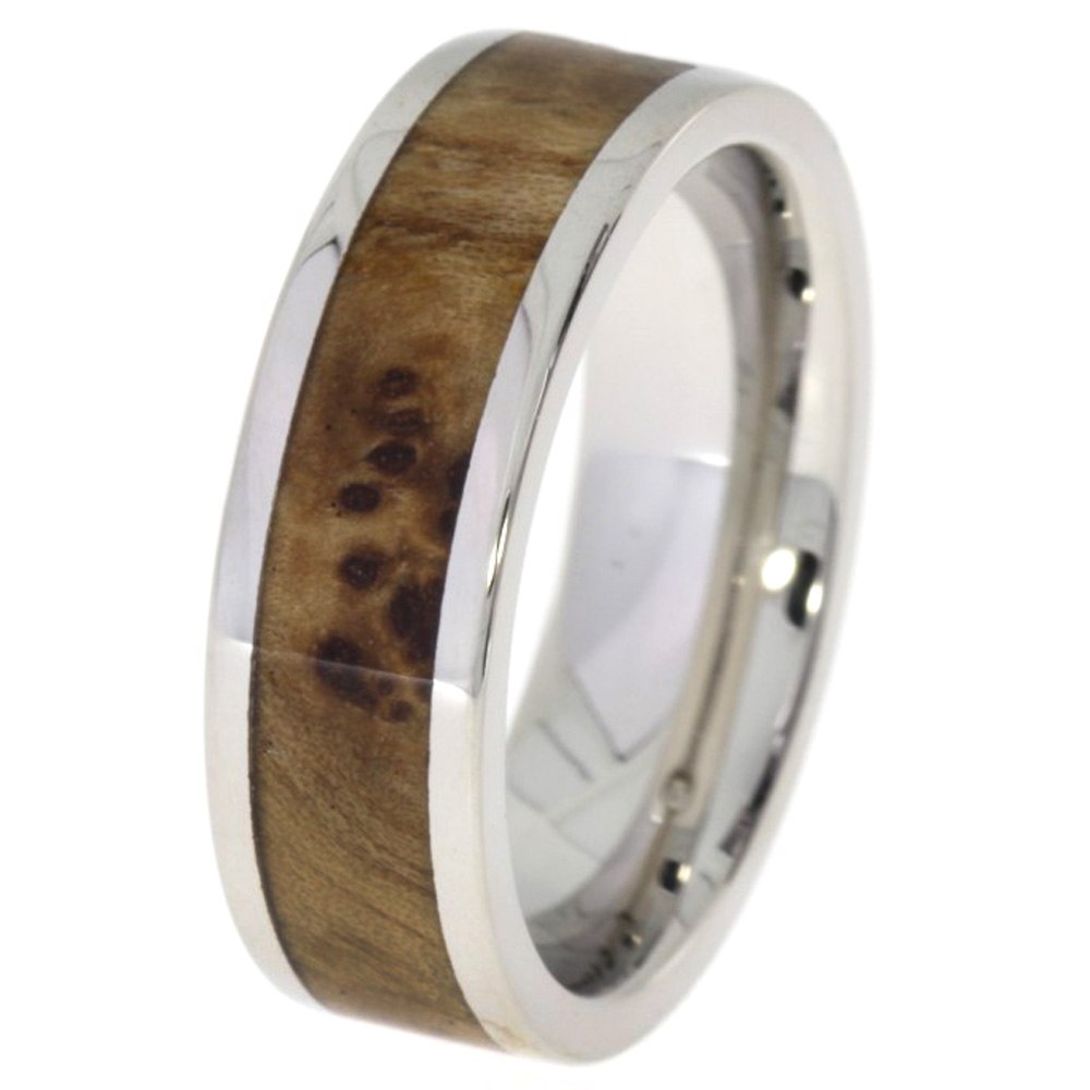 Diamond Solitaire, Black Ash Burl Engagement Ring, Men's Black Ash Burl Band and His and Hers Titanium Wedding Band Set. 