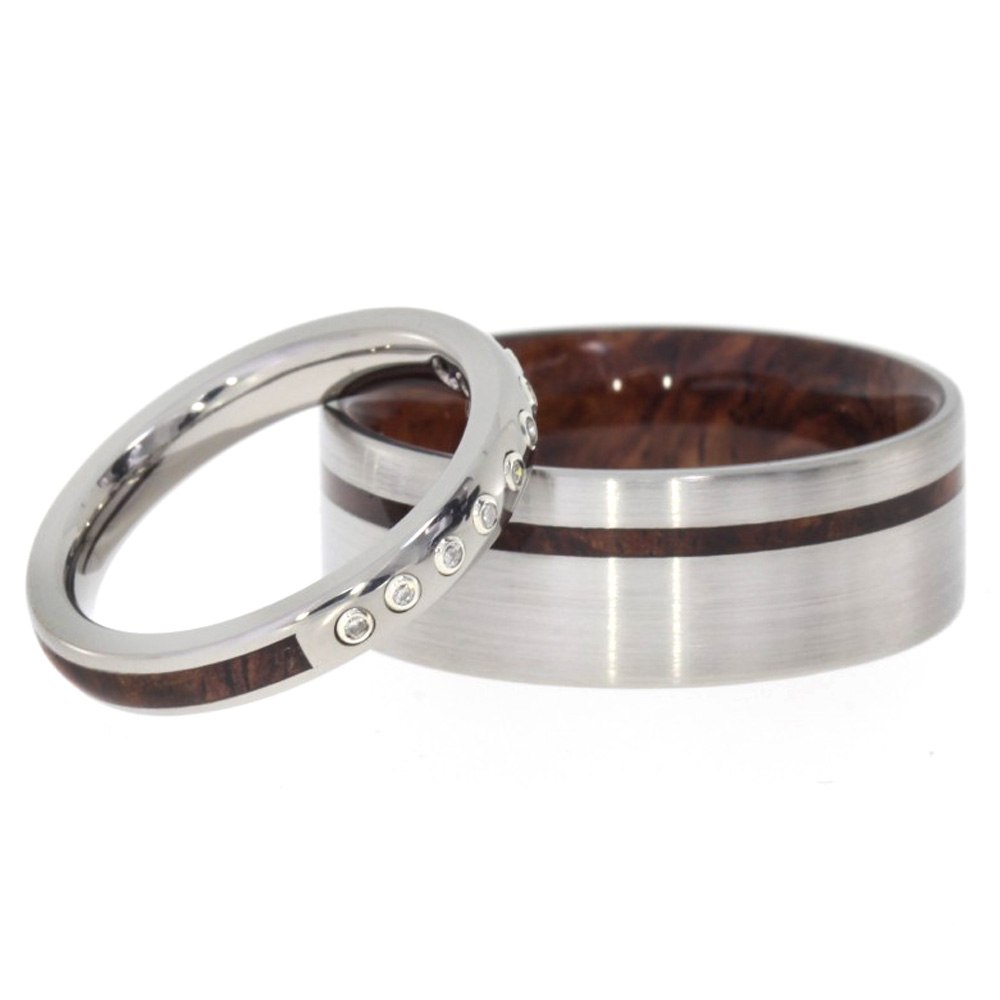 His and Hers Wedding Band Set, Diamonds Solitaire, Honduran Rosewood Burl Titanium Ring, Men's Honduran Rosewood Burl Wood Ring.