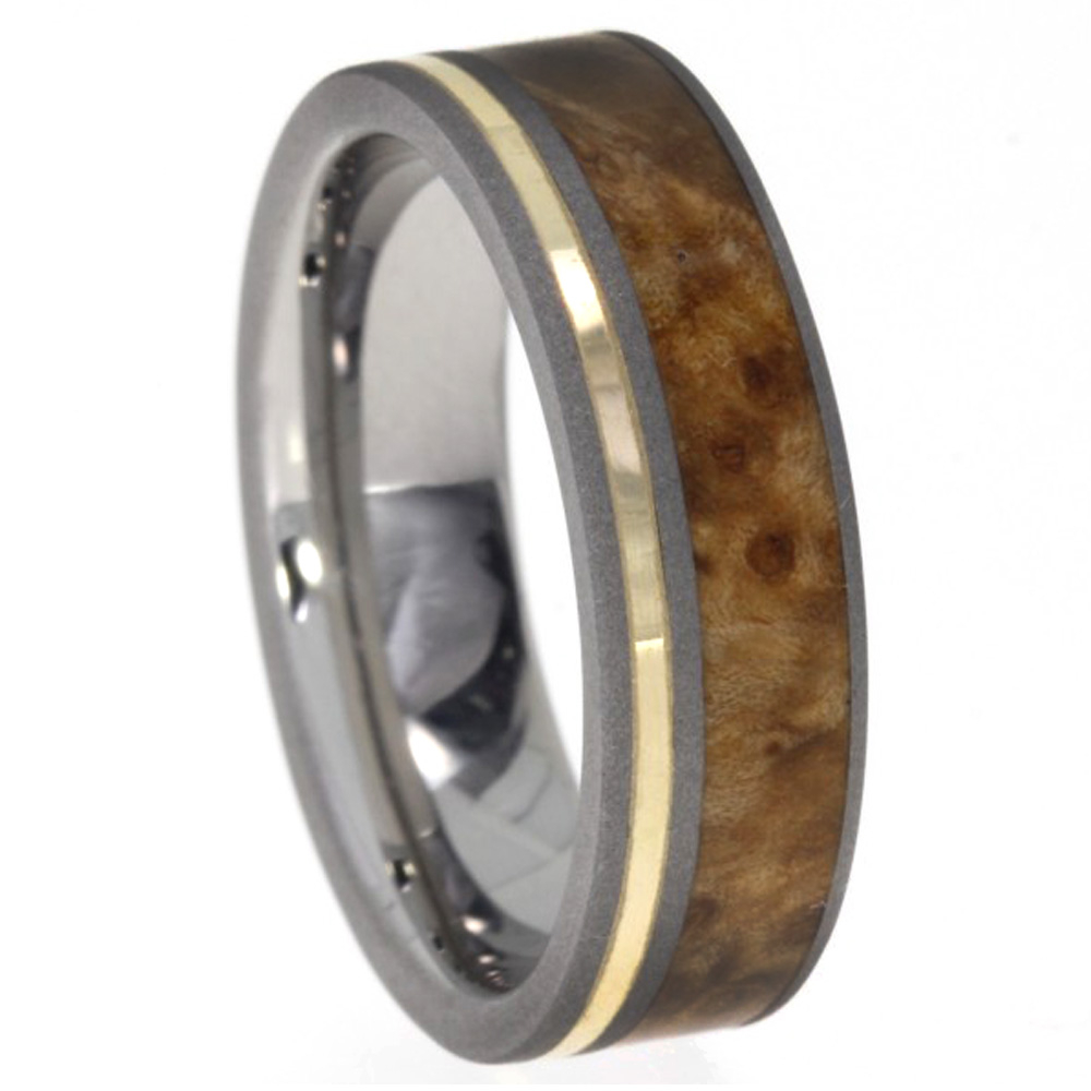 Black Ash Burl Wood, 14k Yellow Gold Inlay 5.5mm Comfort Fit Sandblasted Titanium Band. 