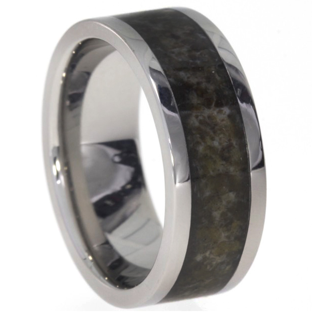 Custom Deer Antler Inlay 8mm Comfort Fit Polished Titanium Band. 