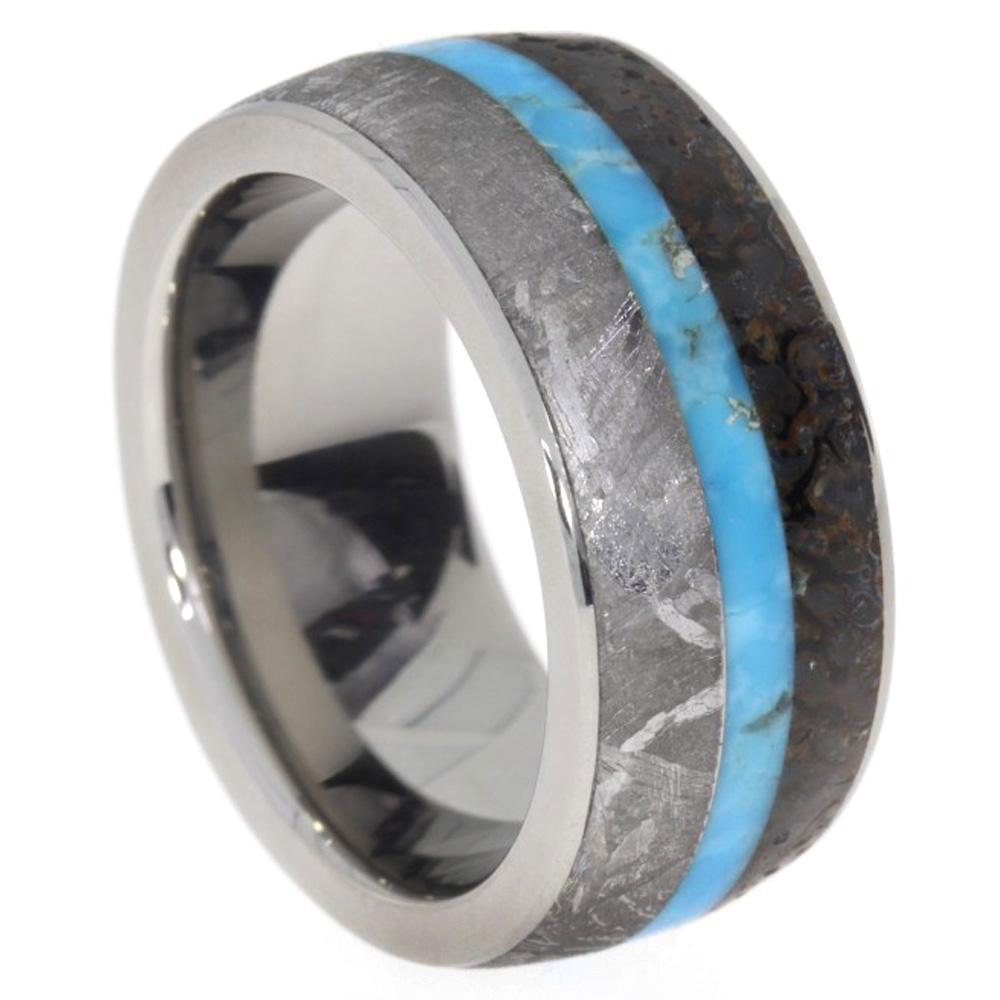 Turquoise, Dinosaur Bone, Meteorite Inlay 9mm Comfort Fit Titanium Band. 