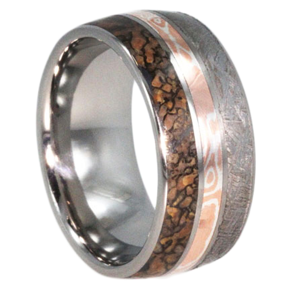 Dinosaur Bone, Meteorite, Mokume Gane Inlay 10mm Comfort Fit Titanium Band. 