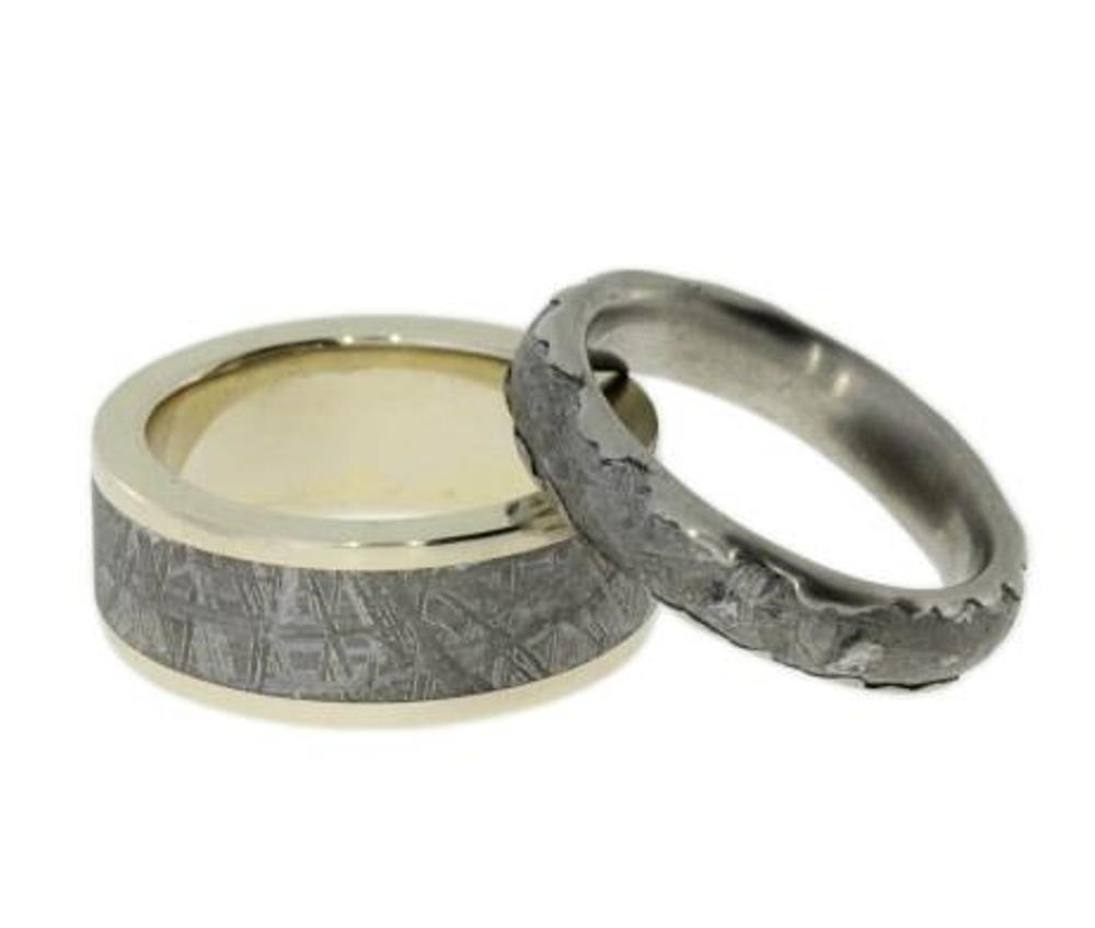 His and Hers Wedding Band Set, Gibeon Meteorite, Wavy Titanium Band and Men's Gibeon Meteorite, 14k Yellow Gold Ring.