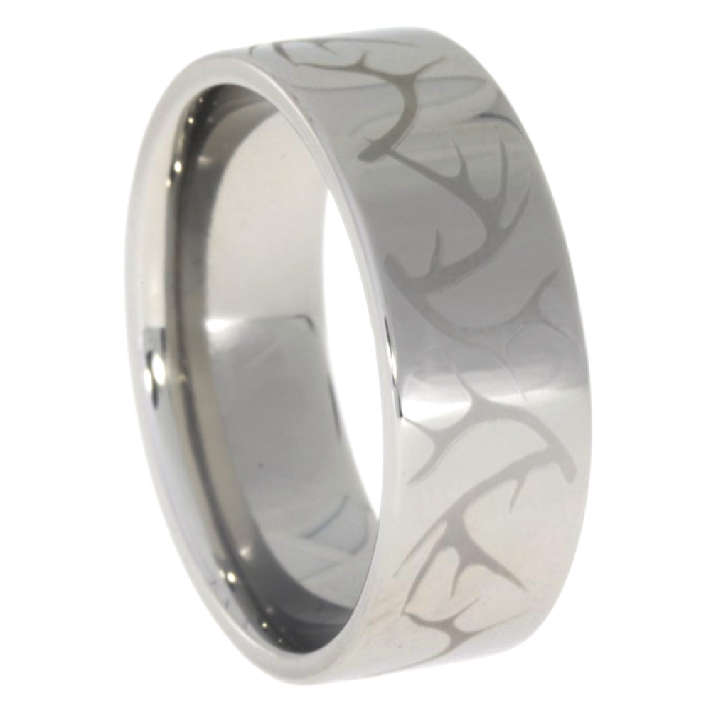 Engraved Deer Antler Pattern Comfort Fit Titanium Band. 