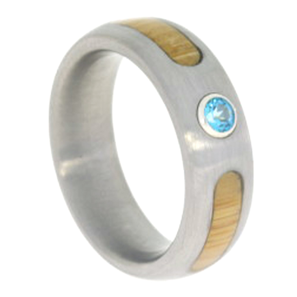 Blue Topaz, Bamboo Wood 6mm Comfort Fit Brushed Titanium Engagement Ring. 