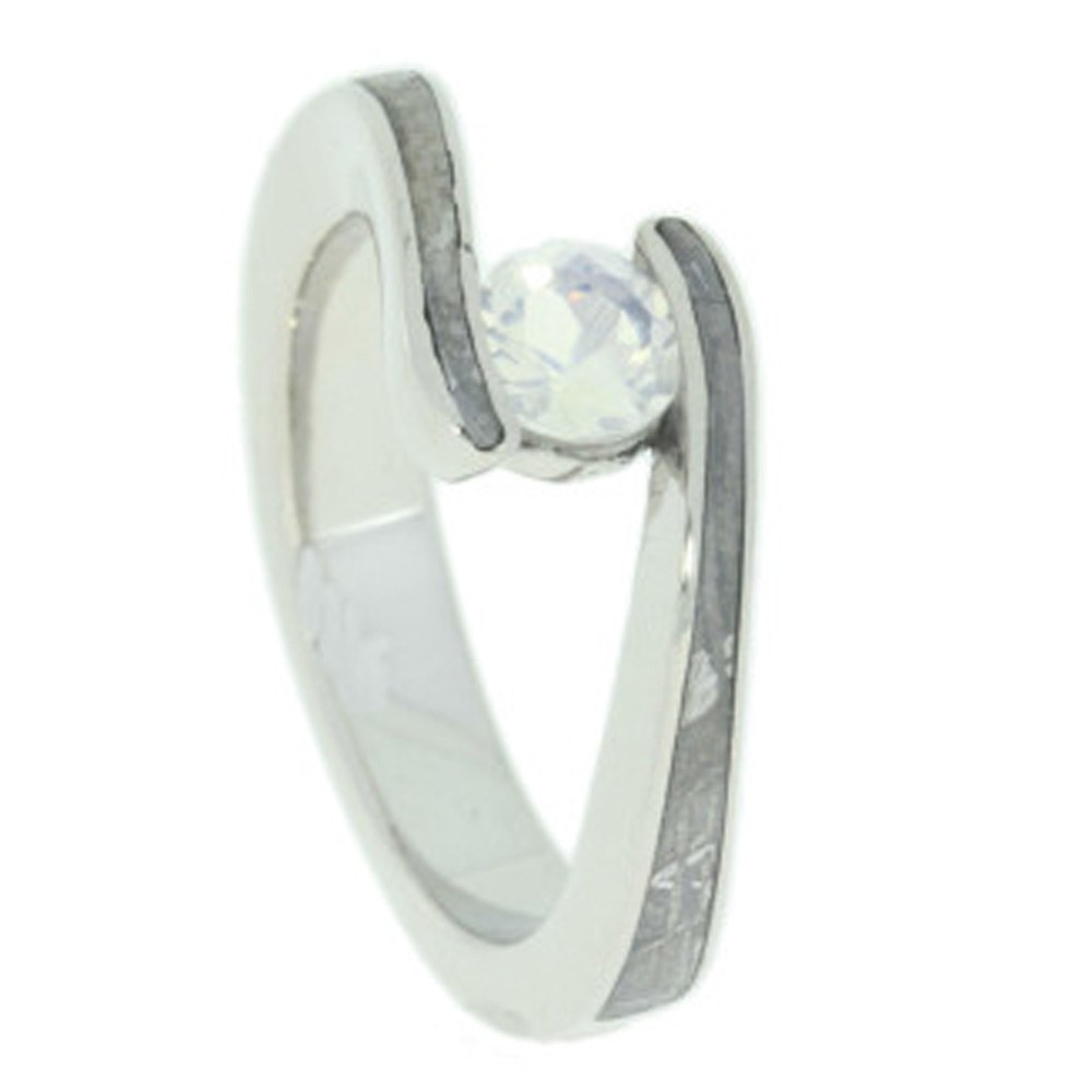 Tension Set Moonstone, Gibeon Meteorite Inlay Titanium Engagement Ring. 