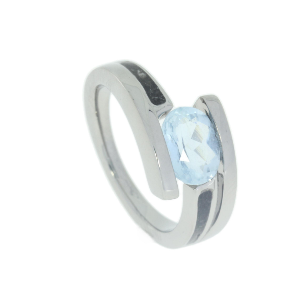 Tension Set Oval Aquamarine, Pet Ashes Inlay 9mm Comfort Fit Titanium Ring. 