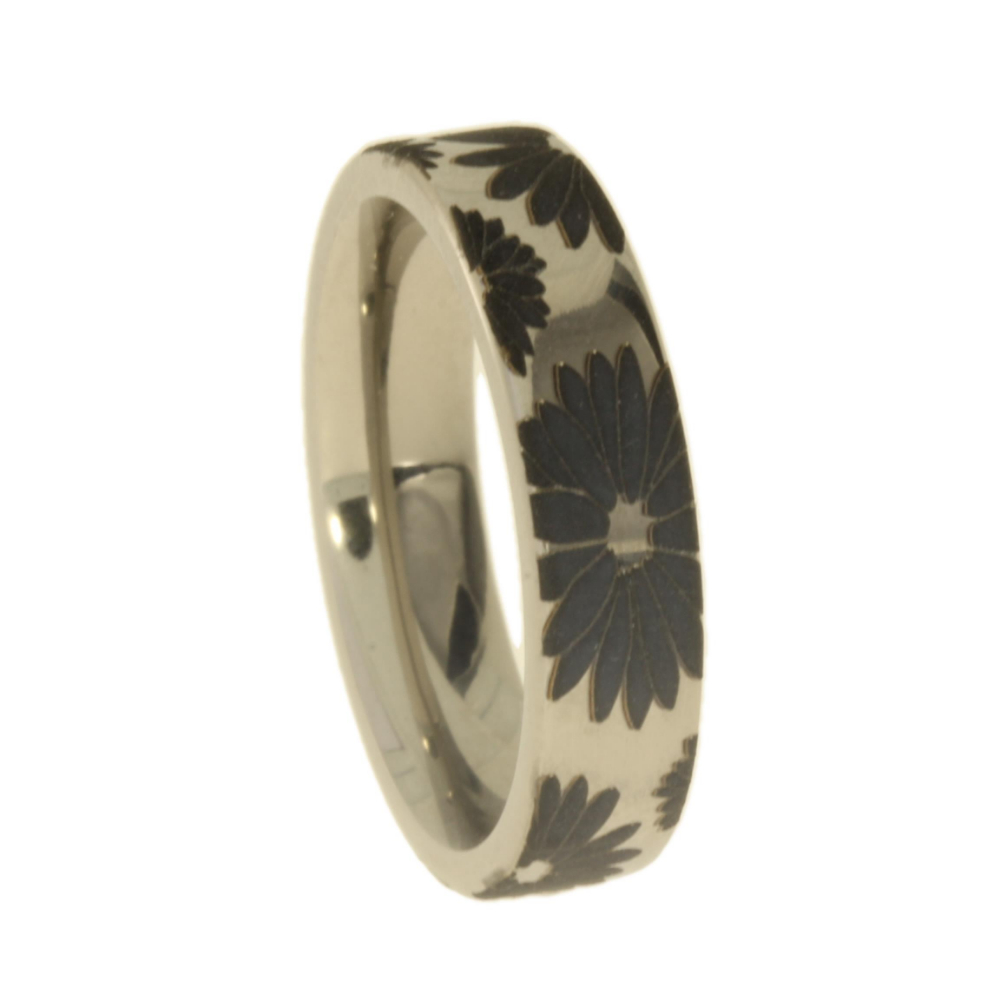 Engraved Flower Pattern mm Comfort Fit Titanium Floral Design Band. 