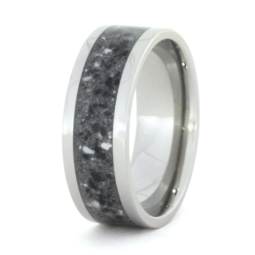 Colored Concrete Inlay 6mm Comfort-Fit Polished Titanium Band. 