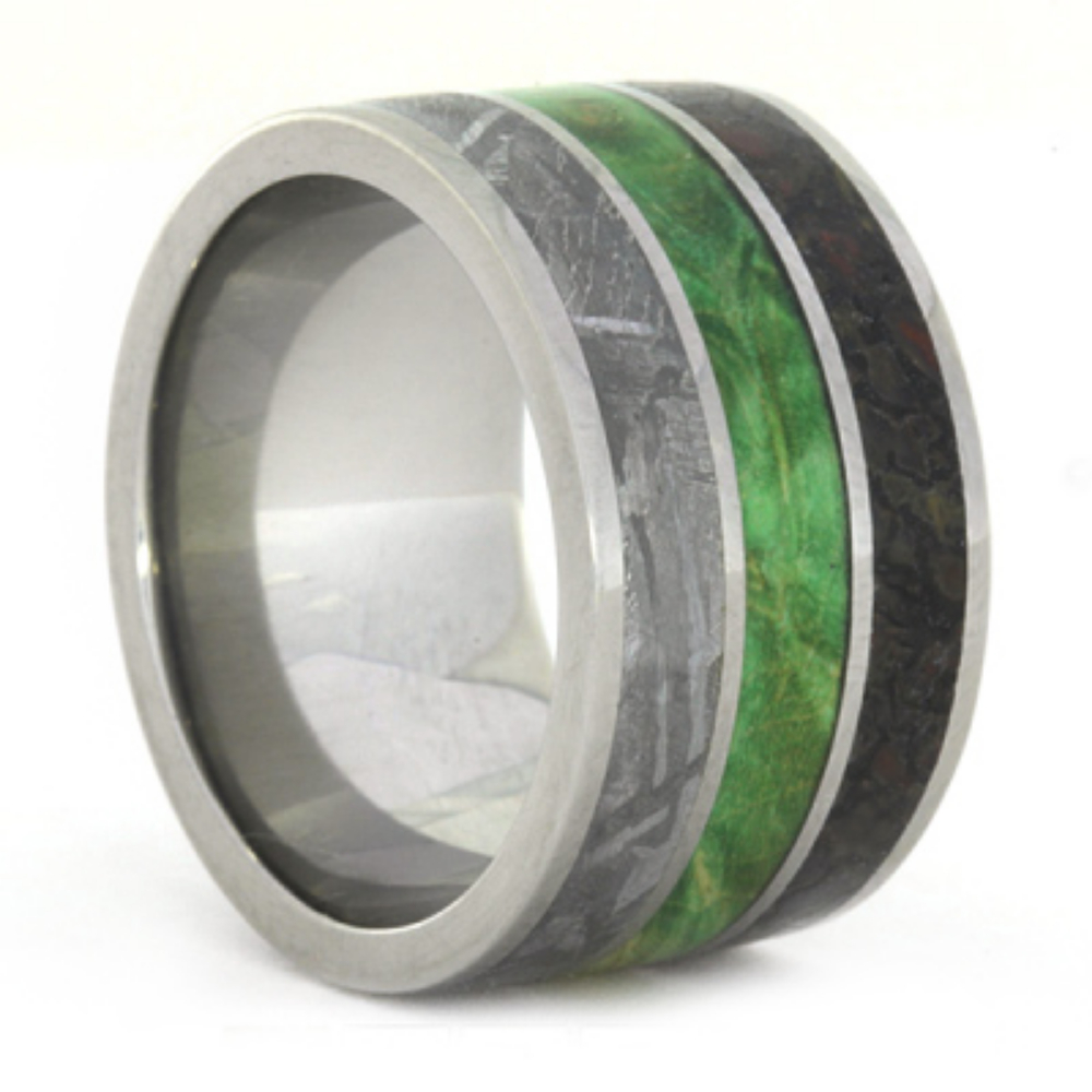 Green Box Elder Burl with Dinosaur Bone and Meteorite Inlay 11mm Comfort-Fit Titanium Band. 