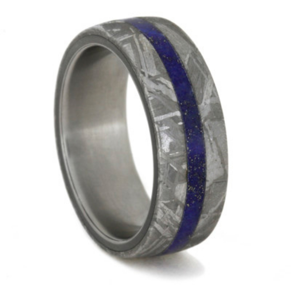 Lapis Lazuli and Gibeon Meteorite Overlay 8mm Comfort-Fit Matte Titanium Ring. 