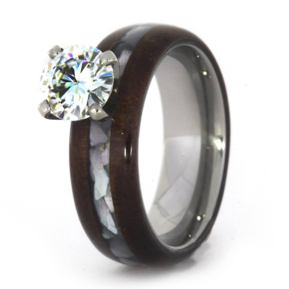 Moissanite with Mother of Pearl and Honduran Rosewood Overlay 6.5mm Comfort-Fit Titanium Ring. 