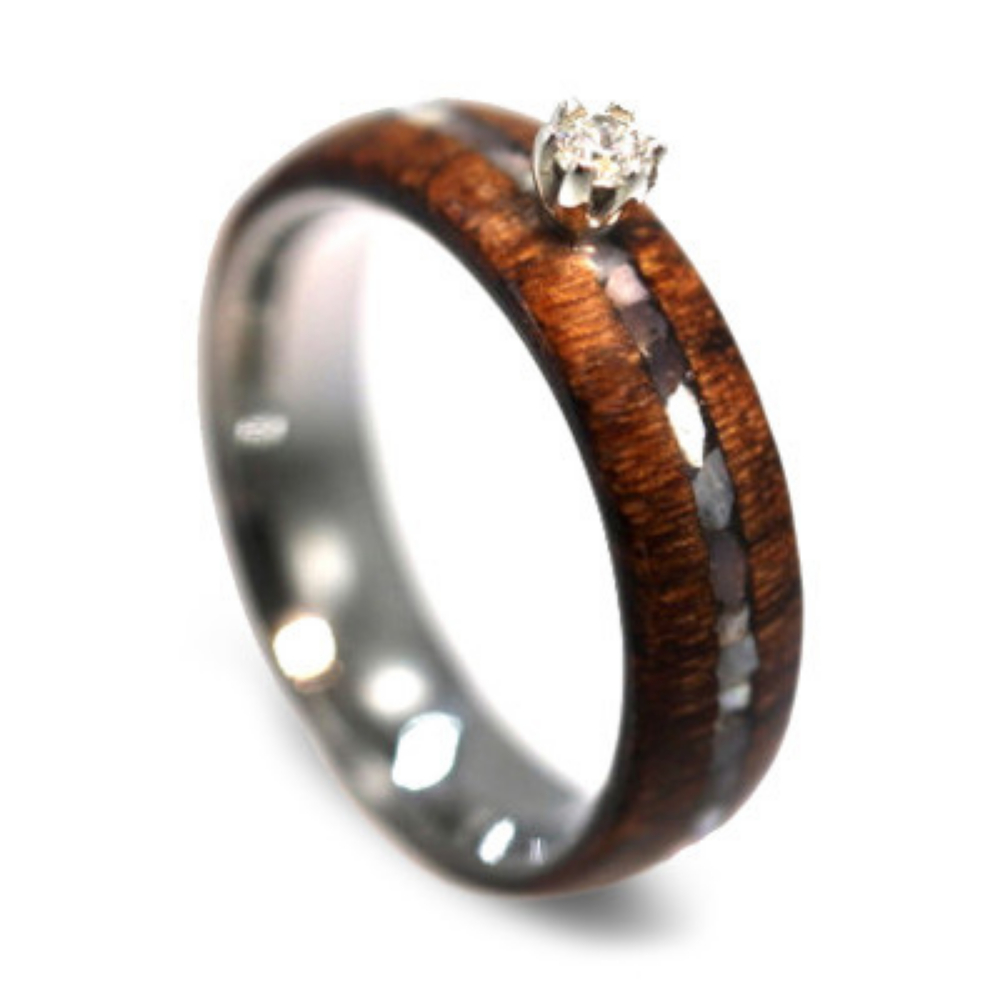 Diamond with Mother of Pearl and Honduran Rosewood Overlay 6.5mm Comfort-Fit Titanium Ring. 