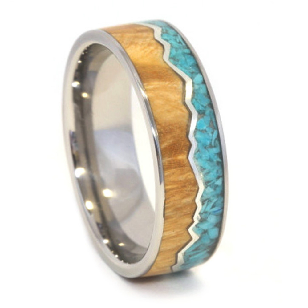 Crushed Turquoise and Black Ash Burl Wood with Silver Pinstripe Mountain Design 8mm Comfort-Fit Titanium Ring. 