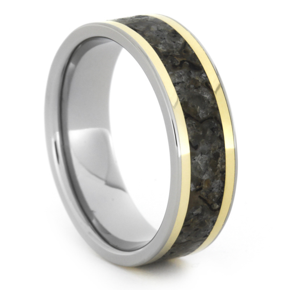 Dinosaur Bone with 18k Yellow Gold Pinstripe Inlay 7mm Comfort-Fit Titanium Ring. 