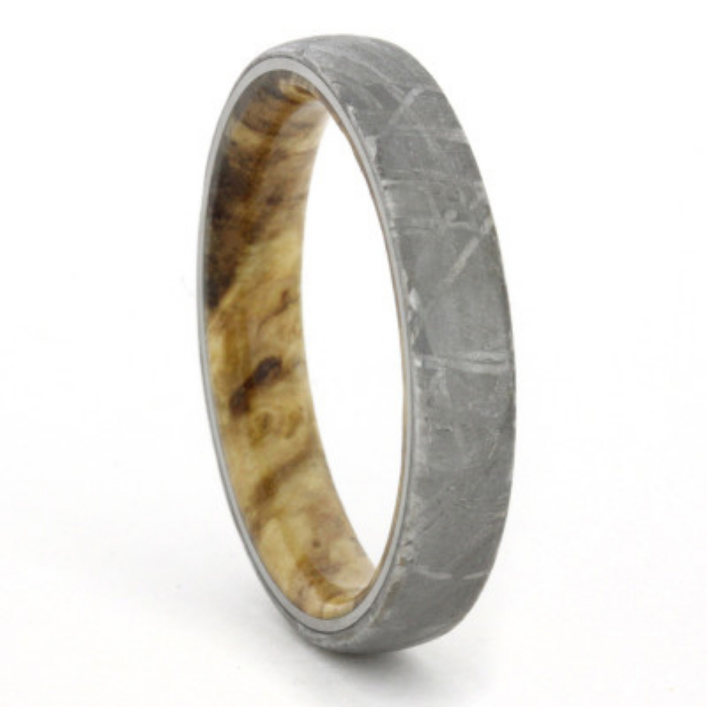 Gibeon Meteorite Overlay with Black Ash Burl Sleeve 4mm Comfort-Fit Titanium Ring. 