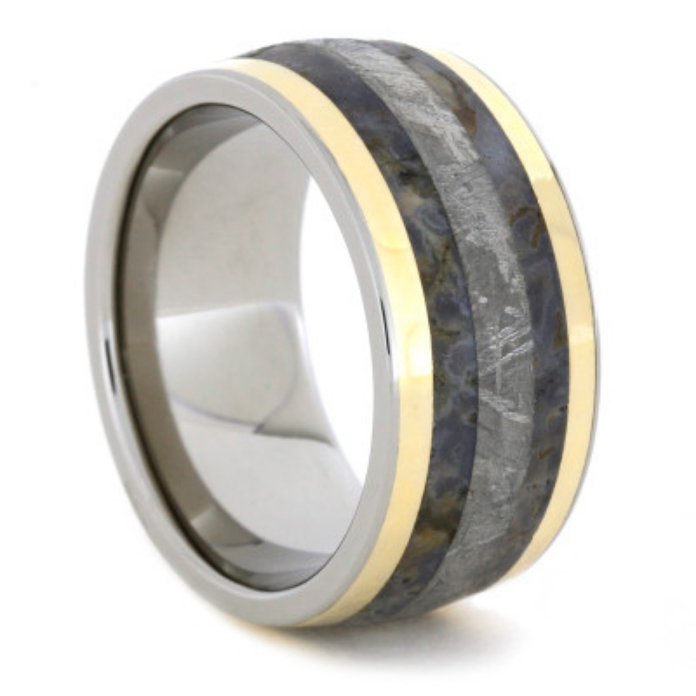 Meteorite and Dinosaur Bone with 14K Yellow Gold Inlay 11mm Comfort-Fit Polished Titanium Ring. 