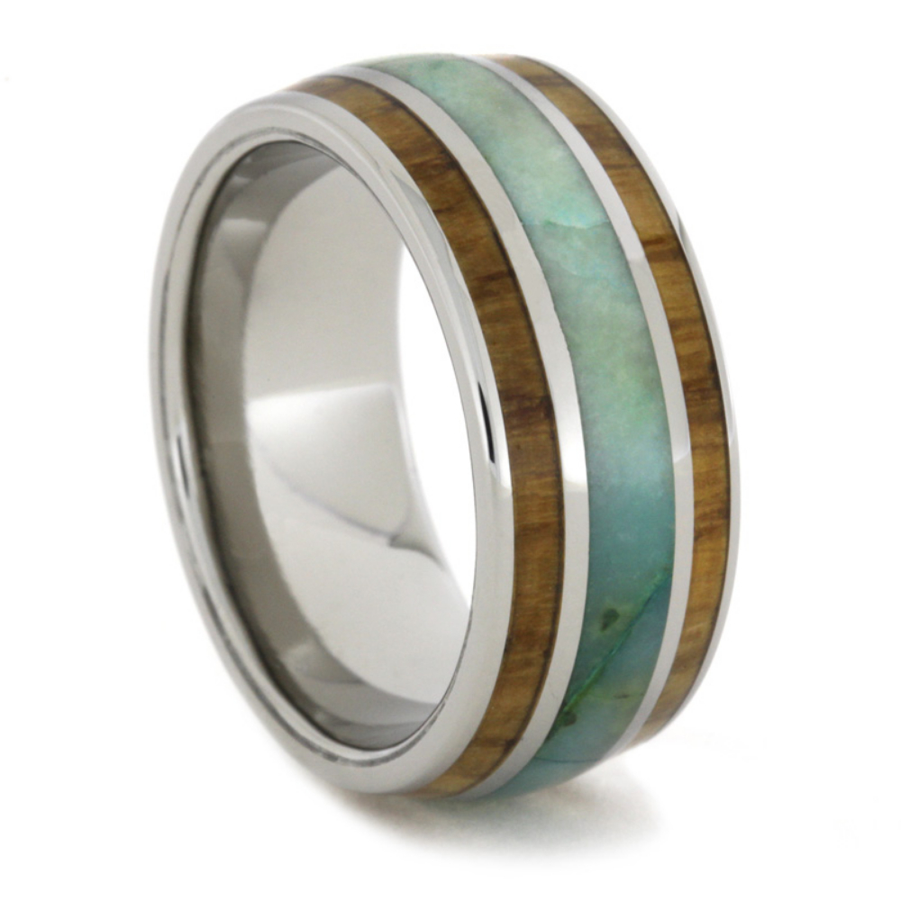 Chrysocolla and Oak Wood Inlay 9mm Comfort-Fit Polished Titanium Ring. 